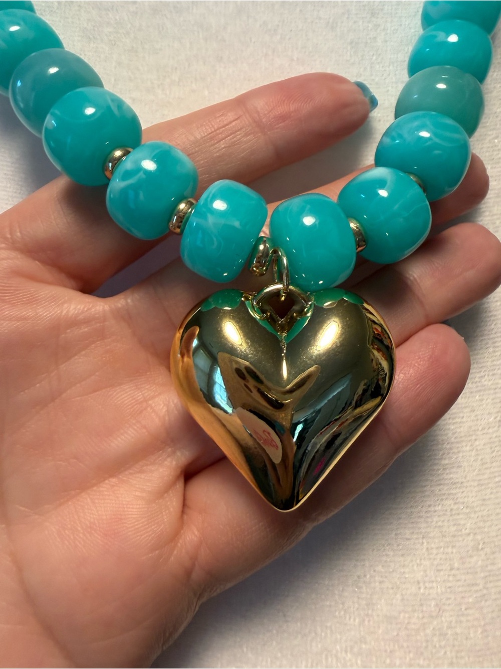 Turquoise Acrylic Beaded Heart Pendant Necklace – Trendy Statement Jewelry - Picture 3 of 6
